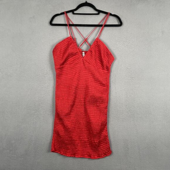Free People Mini Dress Womens Large Red Textured Smocked Bodycon Strappy Summer - Picture 1 of 11